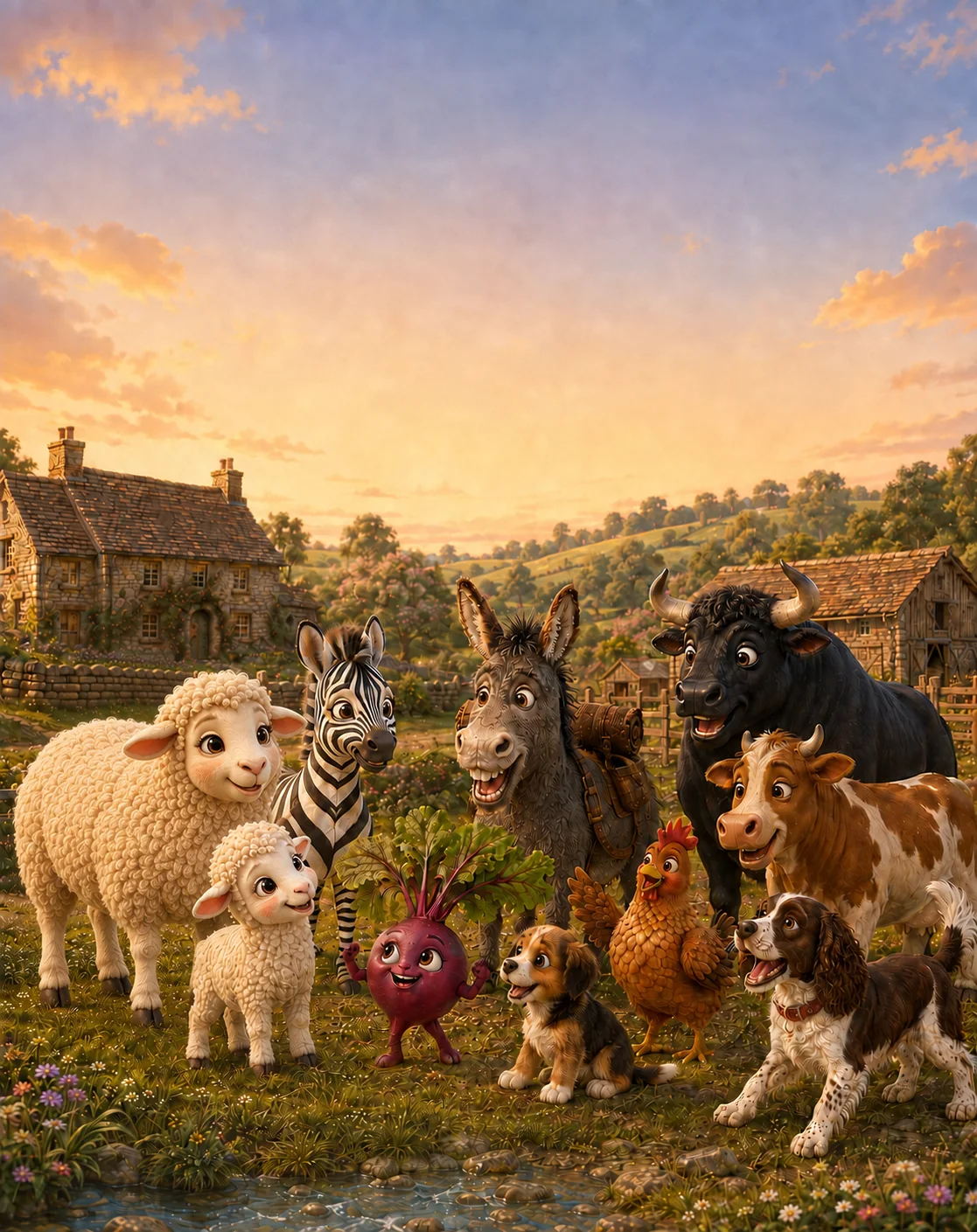 Zessa, Woollykins and their farmyard friends together at sunset