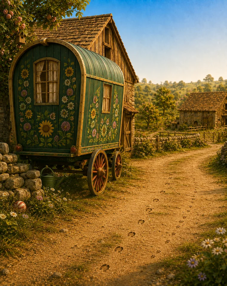 A colourful caravan waiting beside a sunny farm lane