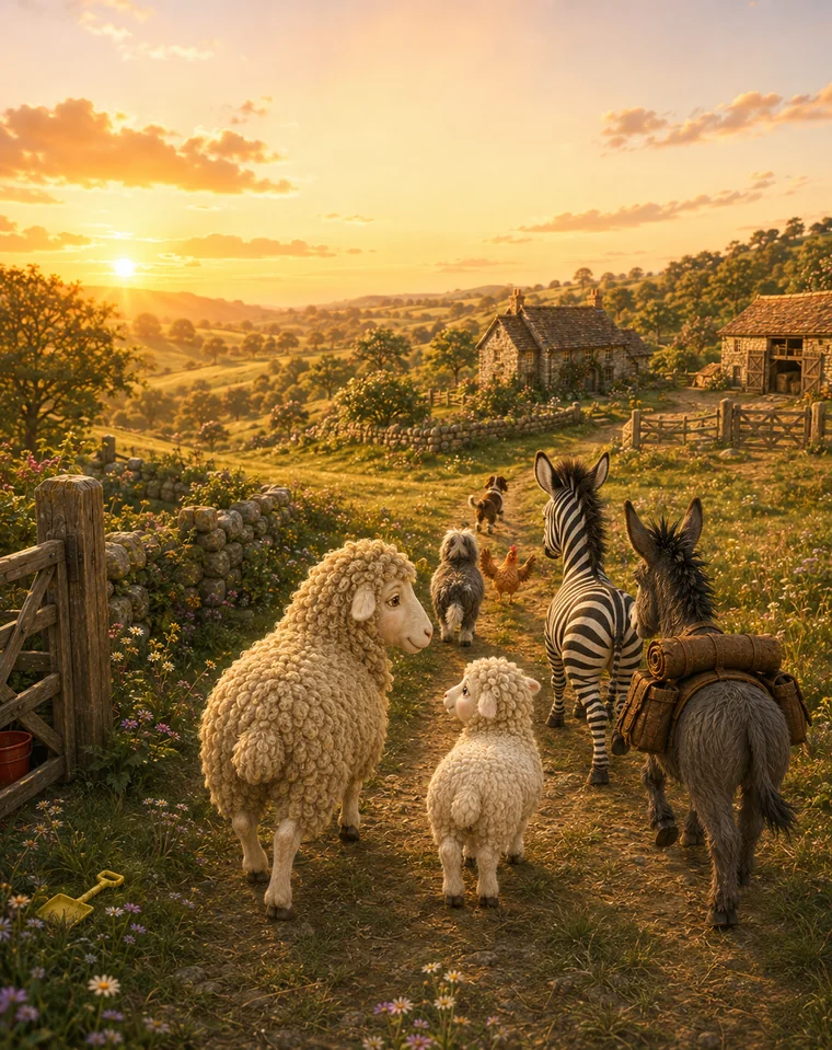 The farm friends helping near a sunlit bramble patch