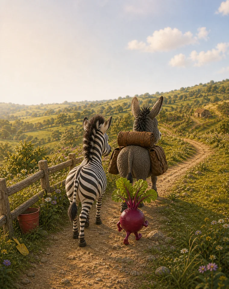 Zessa, Hee-Hawthorne and Toorteeb setting out along a sunny farm path