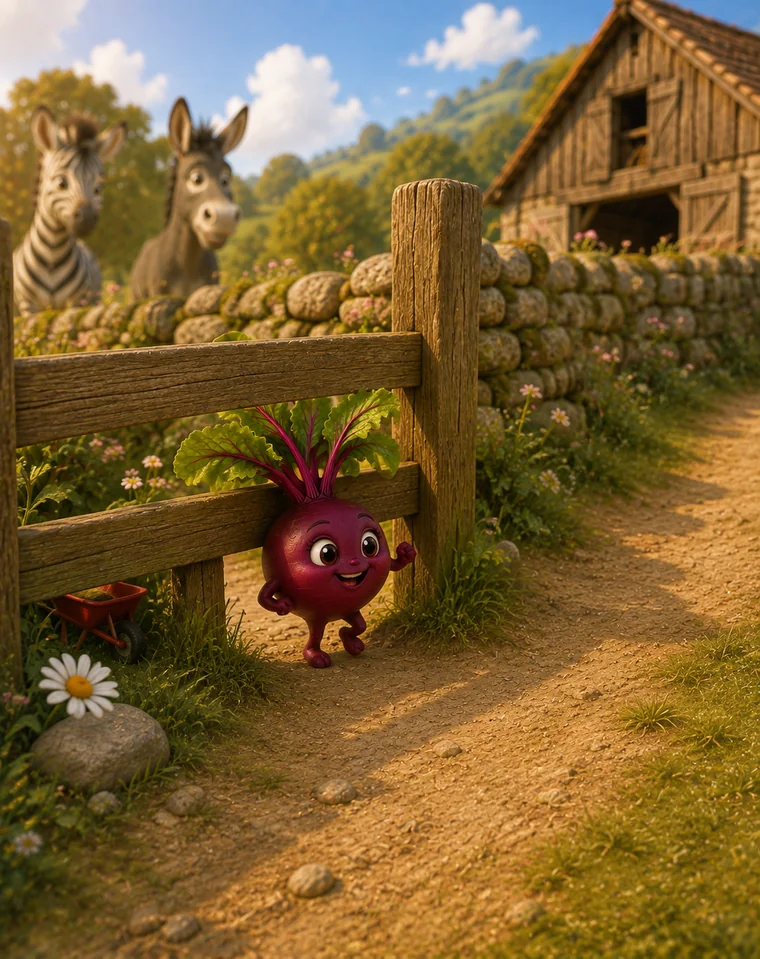 Toorteeb peeking from beneath a wooden farm fence