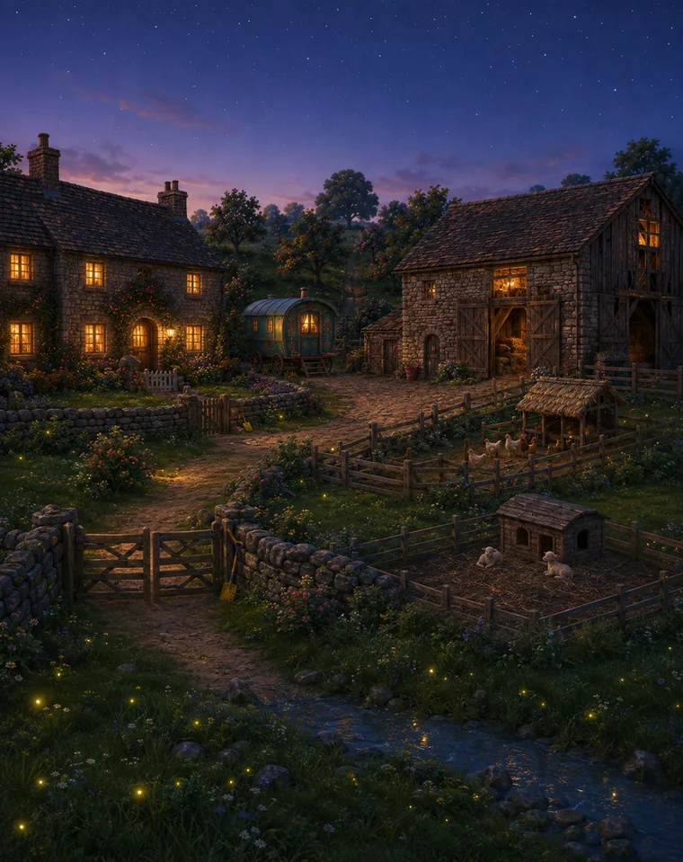 A peaceful farm and cottage at blue twilight