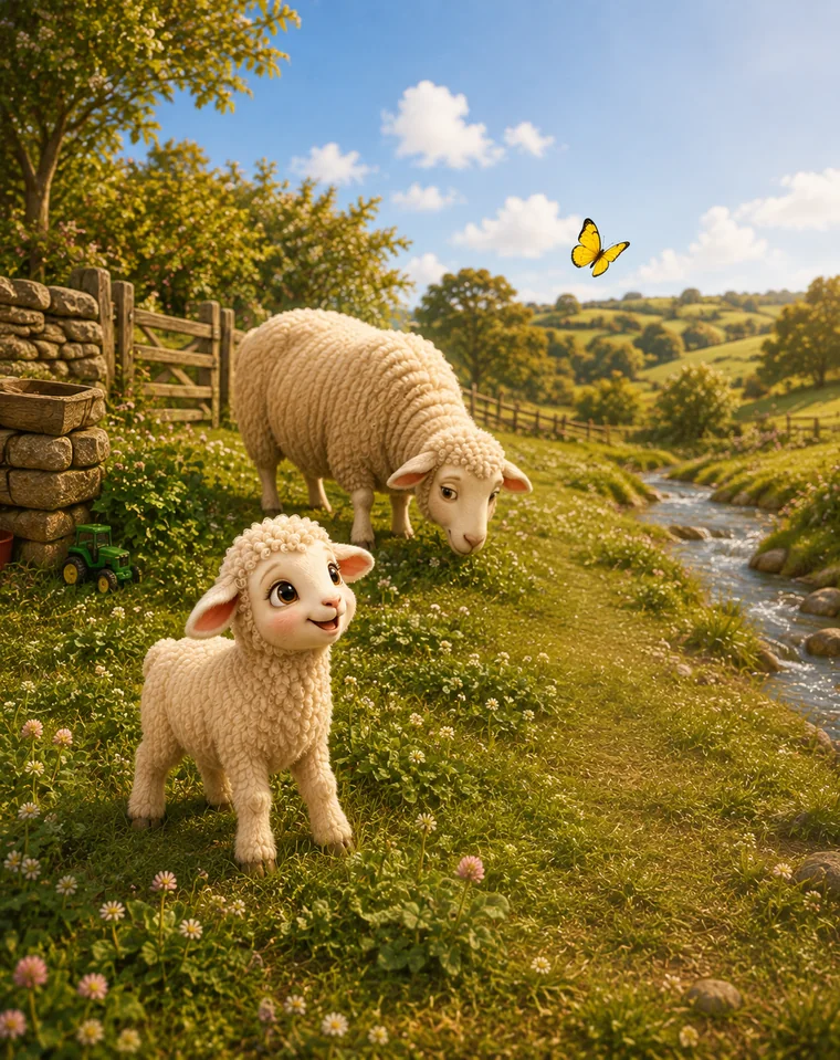 Woollykins and Baa-rbara beside the brook with a butterfly overhead